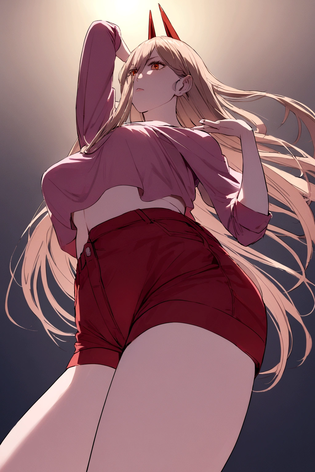 A Power, wearing a pink blouse , and a pair of crimson-red short shorts