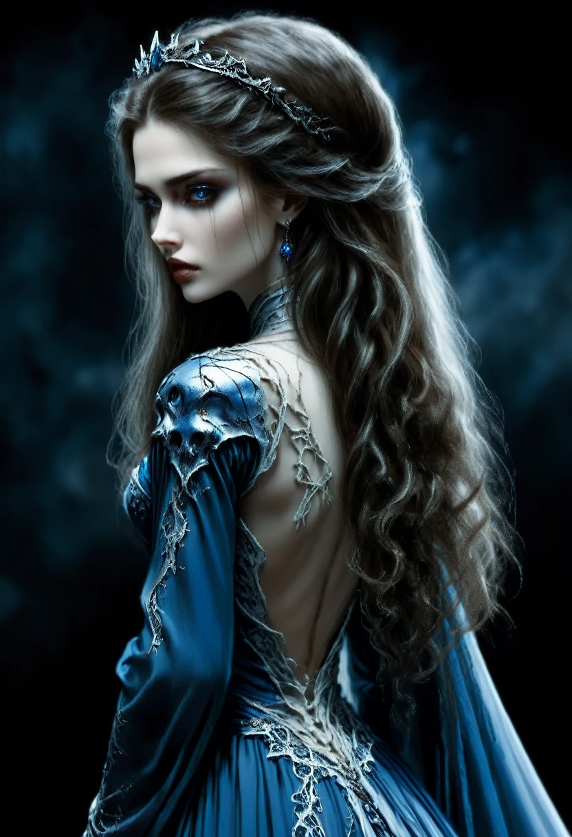 Illustration by Luis Royo. Black background. beautiful Snow White with long brown hair. perfect anatomy, beautiful expressive look. she wears a blue dress. its back side faces the camera.