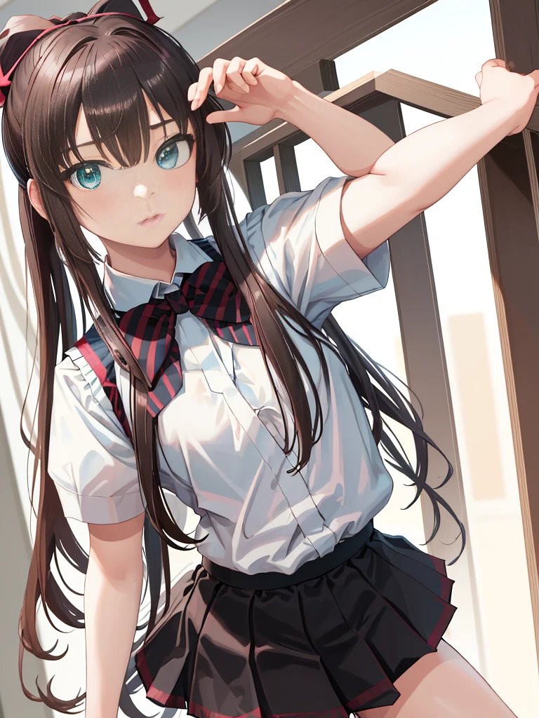 Masterpiece, The best quality, High Resolutions, 1kirasaka girl sayaka high ponytail hair band, Striped bow tie sweater vest white shirt short sleeve black skirt black thighs