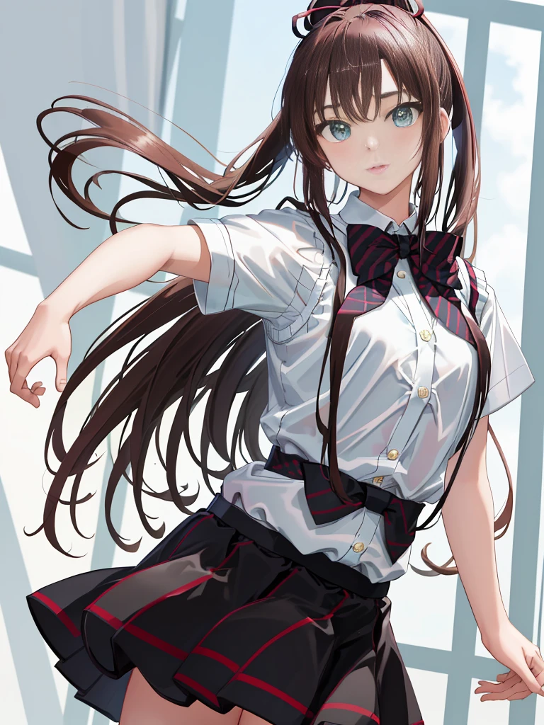 Masterpiece, The best quality, High Resolutions, 1kirasaka girl sayaka high ponytail hair band, Striped bow tie sweater vest white shirt short sleeve black skirt black thighs