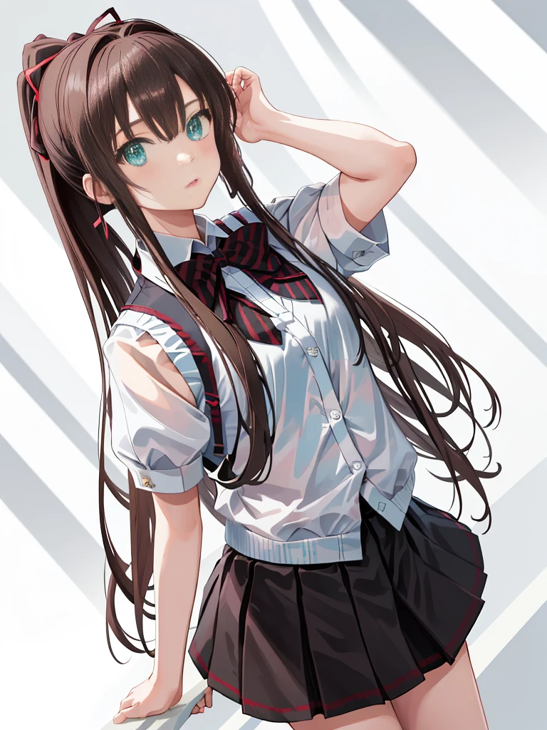 Masterpiece, The best quality, High Resolutions, 1kirasaka girl sayaka high ponytail hair band, Striped bow tie sweater vest white shirt short sleeve black skirt black thighs