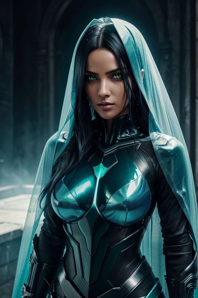 a woman with a mysterious translucent veil with green like eyes, shiny blue-black hair, mesmerizing photo, dynamic composition and dramatic lighting,
dark fashion and darkcore, highly detailed and intricate, wet, metal, shiny,
cobalt blue, cyan, neon toxic green, vivid colors, extremely detailed CG unity 8k wallpaper, behance contest winner,
featured on unsplash, cgsociety, hdr