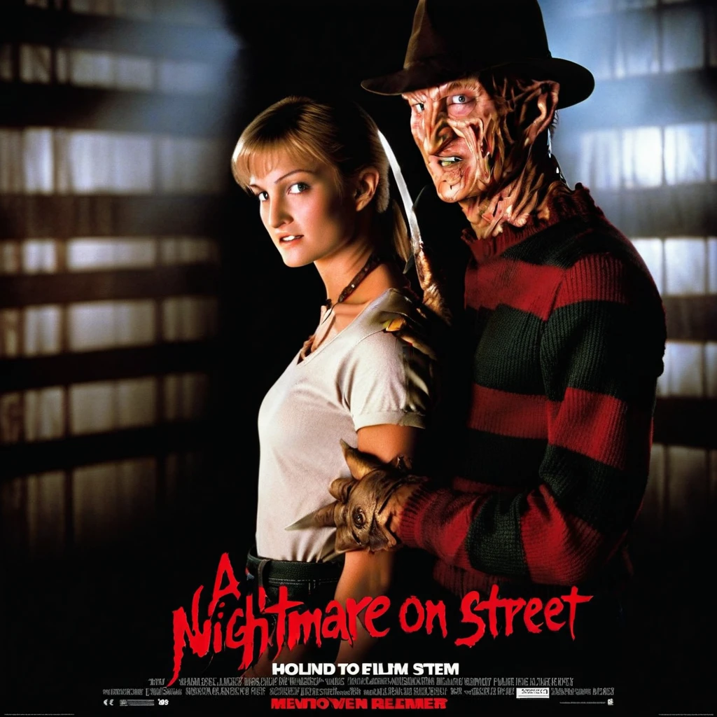 a movie poster of " A nightmare on elm street" with Freddy Krueger with a blond girl with white t-shirt and jeans