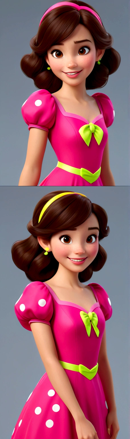 Generate a 3D model of a Disney character with brown hair and brown eyes, wearing neon dress, radiant and happy. The model must be detailed enough to support 16K resolution, capturing the character&#39;its joyful and vibrant essence.