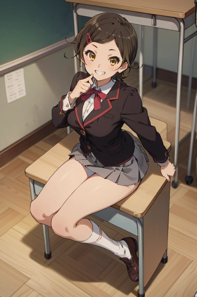 solo, 1girl, , hazuki katou,.,looking viewer ,grin,medium breasts,classroom,blazer,miniskirt,socks,(panties,)
