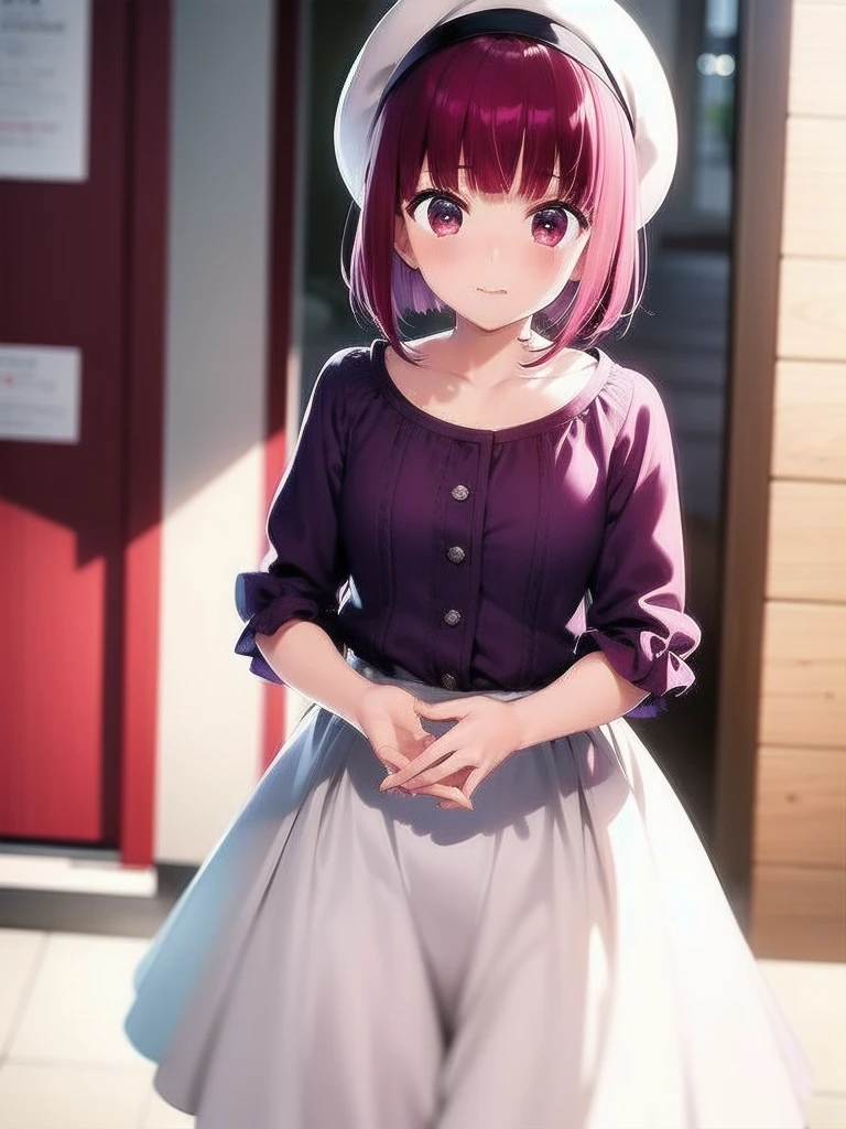 1 girl, Graduation Bob, Straight short hair,  Medium violet redhead, Medium Violet Red Eyes, big drooping eyes, Small beret, selfish, kindergarten