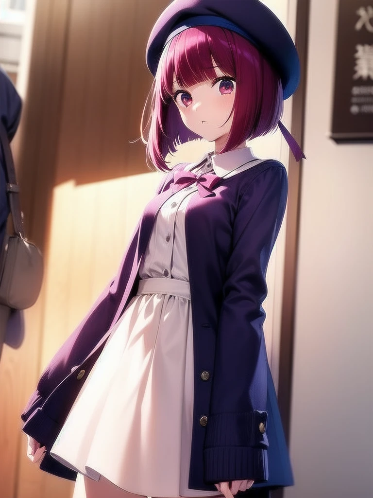 1 girl, Graduation Bob, Straight short hair,  Medium violet redhead, Medium Violet Red Eyes, big drooping eyes, Small beret, selfish, kindergarten