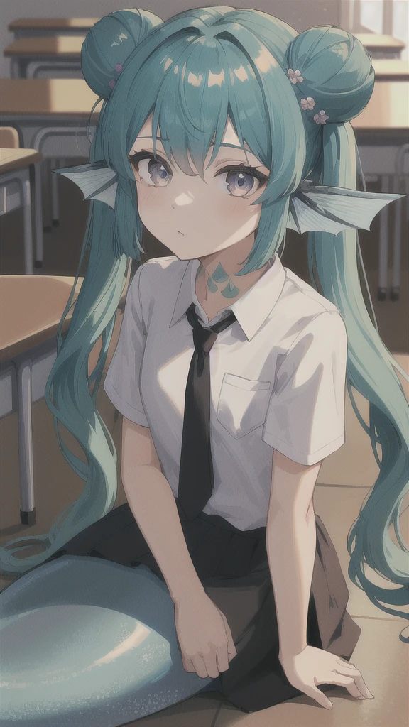 ((best quality)), ((highly detailed)), absurdres, (detailed eyes).1girl,20 years old,solo,long hair,light blue hair,finana,twintails,double bun,(white shirt,short sleeves,black standart tie,black skirt),upper body,close-up, classroom,mermaid, fins,sitting on floor