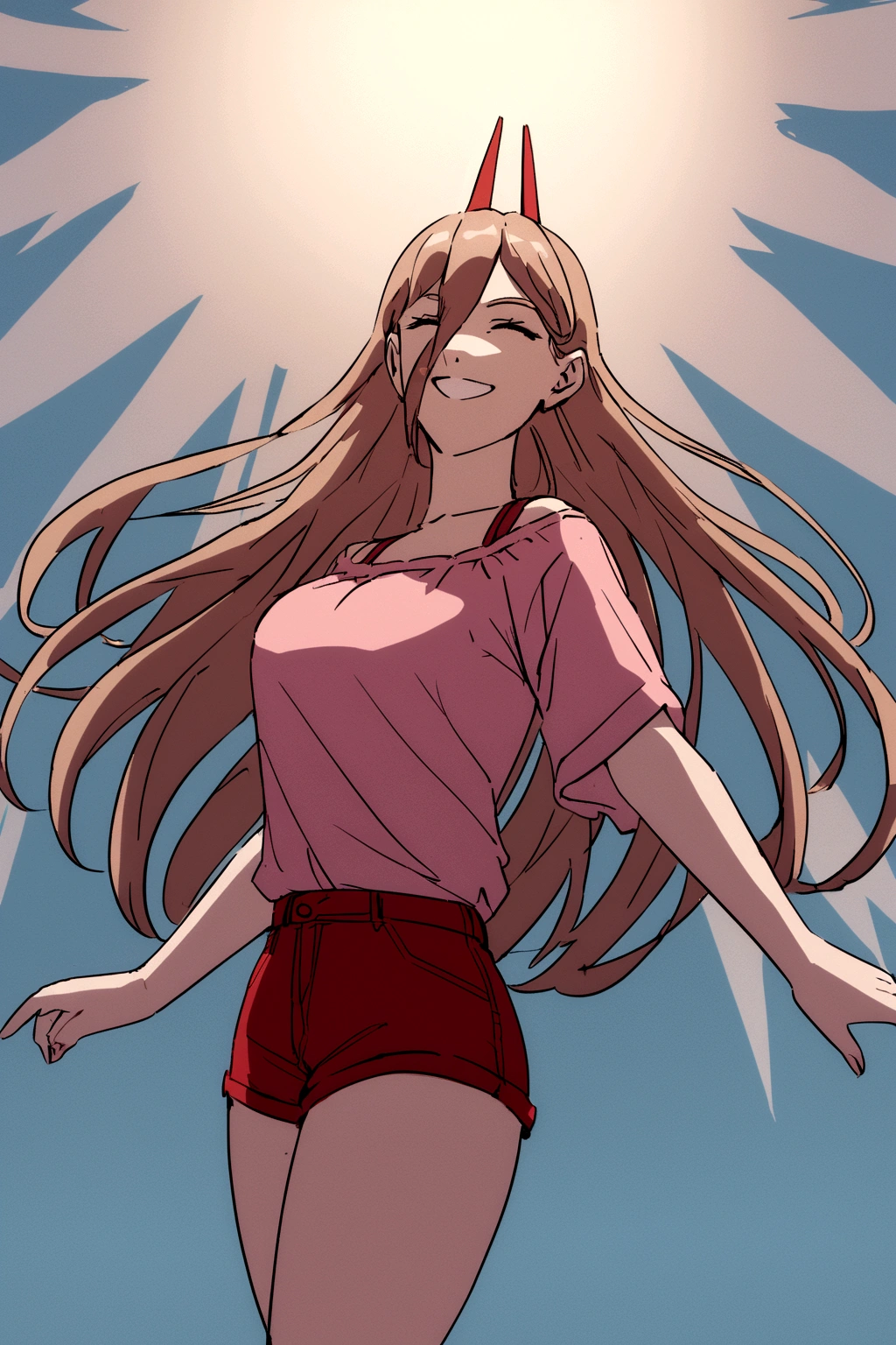 A Power, wearing a pink blouse , and a pair of crimson-red short shorts. Facing and smiling 