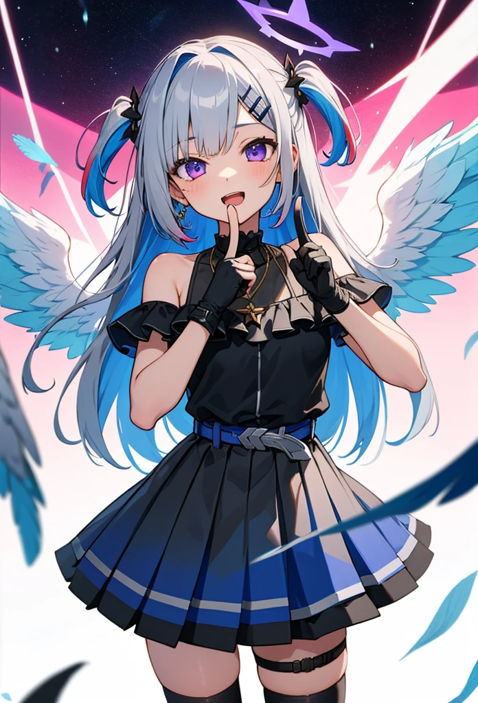 noberetkanatan1girl, solo, virtual youtuber, long hair, gloves, wings, multicolored hair, official alternate hair length, grey hair, colored inner hair, blue hair, angel wings, purple eyes, halo, star halo, official alternate hairstyle, partially fingerless gloves, angel, thigh strap, black gloves, hair ornament, dress, smile, looking at viewer, bangs, open mouth, two side up, jewelry, feathered wings, white background, pleated dress, single thighhigh, black dress, simple background, frills, bare shoulders, thighhighs, hairclip, necklace, gradient dress, belt, cowboy shot, index finger raised, finger to mouth, sleeveless, white wings