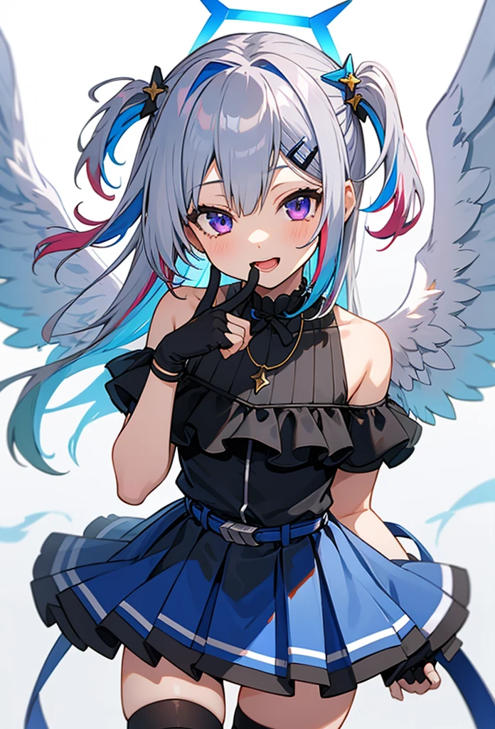 noberetkanatan1girl, solo, virtual youtuber, long hair, gloves, wings, multicolored hair, official alternate hair length, grey hair, colored inner hair, blue hair, angel wings, purple eyes, halo, star halo, official alternate hairstyle, partially fingerless gloves, angel, thigh strap, black gloves, hair ornament, dress, smile, looking at viewer, bangs, open mouth, two side up, jewelry, feathered wings, white background, pleated dress, single thighhigh, black dress, simple background, frills, bare shoulders, thighhighs, hairclip, necklace, gradient dress, belt, cowboy shot, index finger raised, finger to mouth, sleeveless, white wings