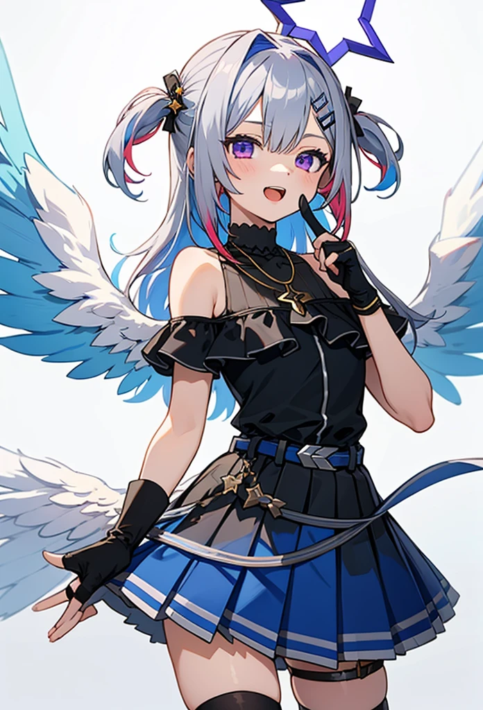 noberetkanatan1girl, solo, virtual youtuber, long hair, gloves, wings, multicolored hair, official alternate hair length, grey hair, colored inner hair, blue hair, angel wings, purple eyes, halo, star halo, official alternate hairstyle, partially fingerless gloves, angel, thigh strap, black gloves, hair ornament, dress, smile, looking at viewer, bangs, open mouth, two side up, jewelry, feathered wings, white background, pleated dress, single thighhigh, black dress, simple background, frills, bare shoulders, thighhighs, hairclip, necklace, gradient dress, belt, cowboy shot, index finger raised, finger to mouth, sleeveless, white wings