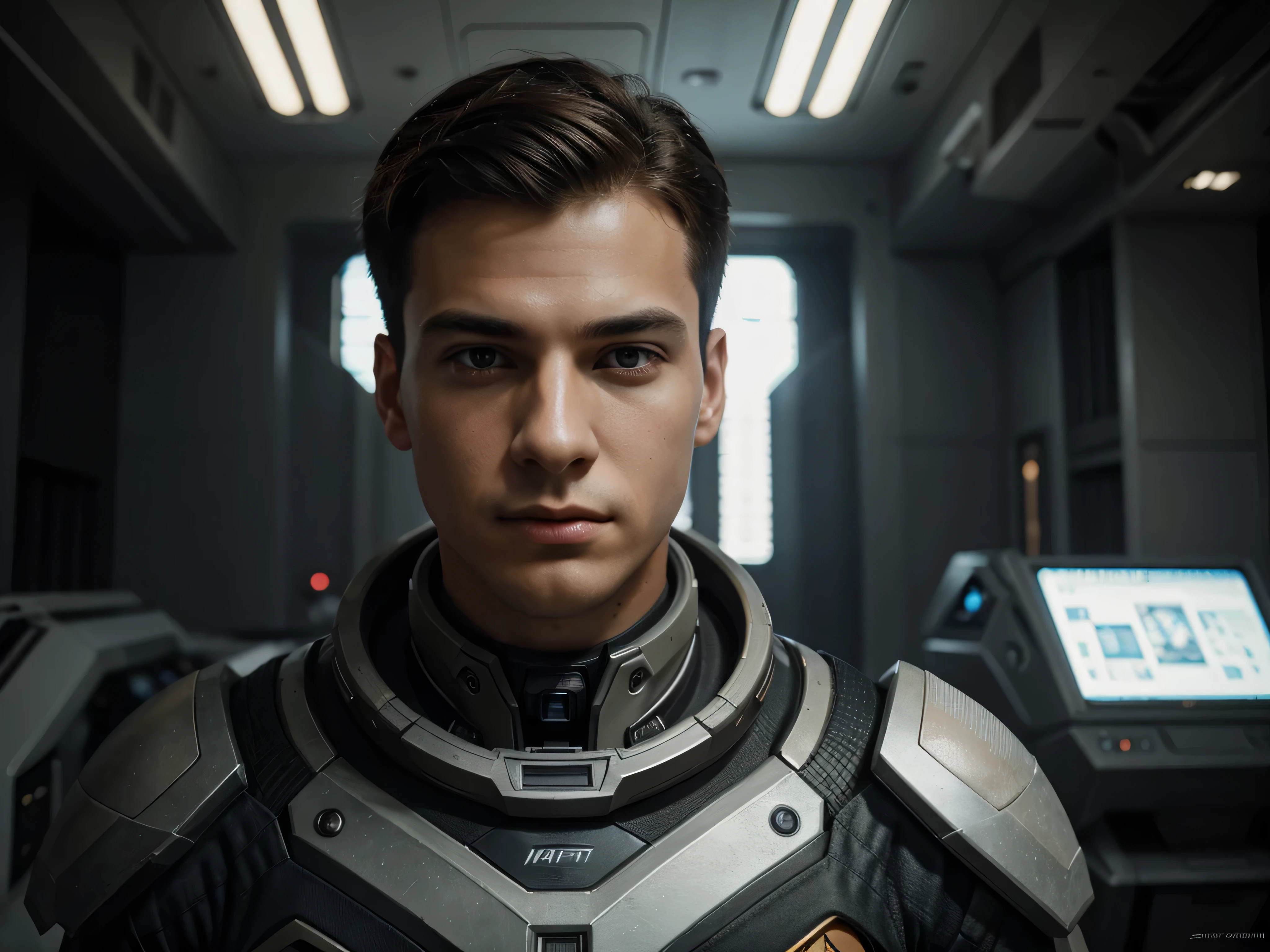 masterpiece, best quality, realistic, ultra detailed, sfw, head shot, a portrait of a young man, starsector, sci-fi style suits, hight-tech gadgets, head facing right,