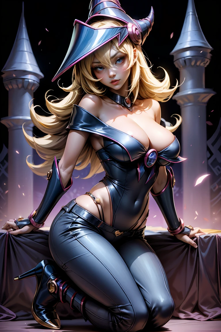 dark magician gils, with high-heels. pants, sexy, Subjective and sensual pose. magic castle background