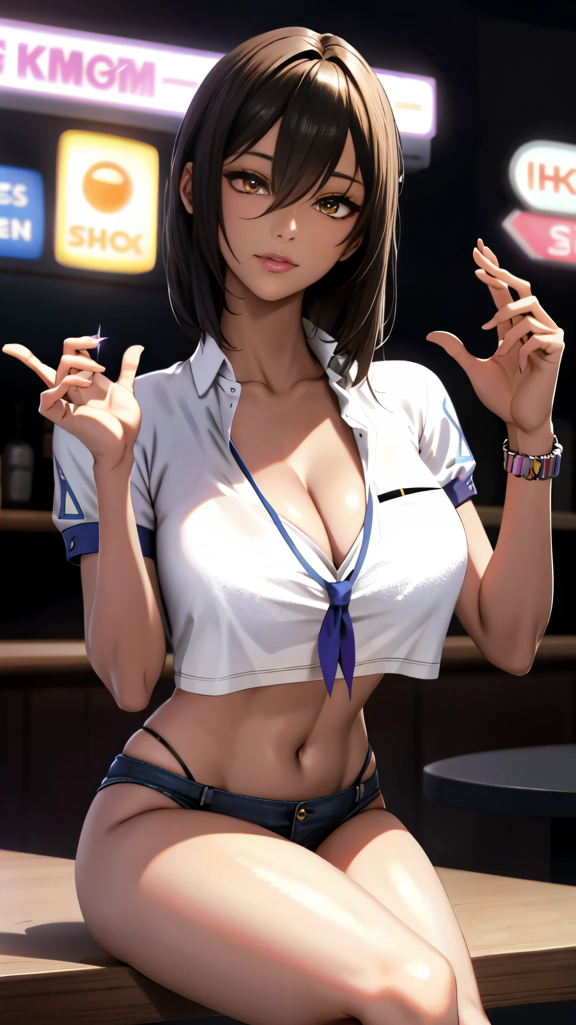 Three Girls, high quality, Super detailed, Crazy Details, 4K Quality (Digital art like a movie: 1.3), high quality, Tabletop, 最high quality, Super detailed, figure, [4K Digital Art]、 Indiasug nr, (Sharp focus: 1.5), (Moody lighting:1.2), Depth of written boundary, Bokeh, 4K 、High resolution, Super detailedな, Highly detailed CG Unity 8k wallpaper, Realistic, Photorealistic, RAW Photos, 美しくDetailed face, Pale skin, Realistic glowing skin, Detailed cloth texture, Detailed hair texture, Perfect body, Beautiful Face, Acura, Anatomically correct, 非常にDetailed face, Eye and skin texture, Natural neck length, (Beautiful Eyes), (Beautiful Hands), (Shiny skin:1.2), Thin legs, Thin legs, Someone knowledgeable、Detailed face、Detailed Background、 (Live Action、Intricate details)、blonde、short hair、 night中、night、Pink Neon Light、 Dark and cold lighting、Tropical style、Holographic Collar Shirt、huge 、Big cleavage、  Dramatic compensate、compensate、Pinky Pink Lipstick、eye make up、mascara、eyeliner、eye shadow、Lilac Contact Lenses、 This is a very beautiful anime style illustration. A bar deep in the city. words "Cafe Flamingo" neon tube. nightの闇の中で神秘的に光る.
Beautiful woman in body-conscious clothes drinking wine on the terrace of the bar. She rested her elbows on the table.、Looking wistfully into the distance.
There was a small candle on the table, Make your beautiful face look even more beautiful.
