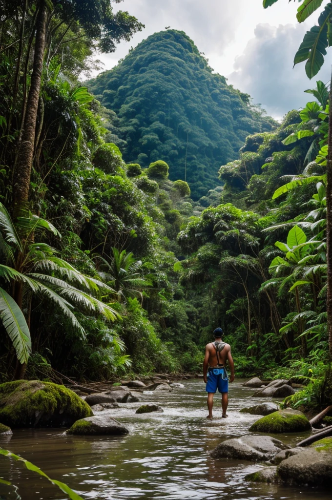 Create a unique illustration of a young adult Ecuadorian Shuar exploring the jungle and in the next cove it will be the same man as I explain