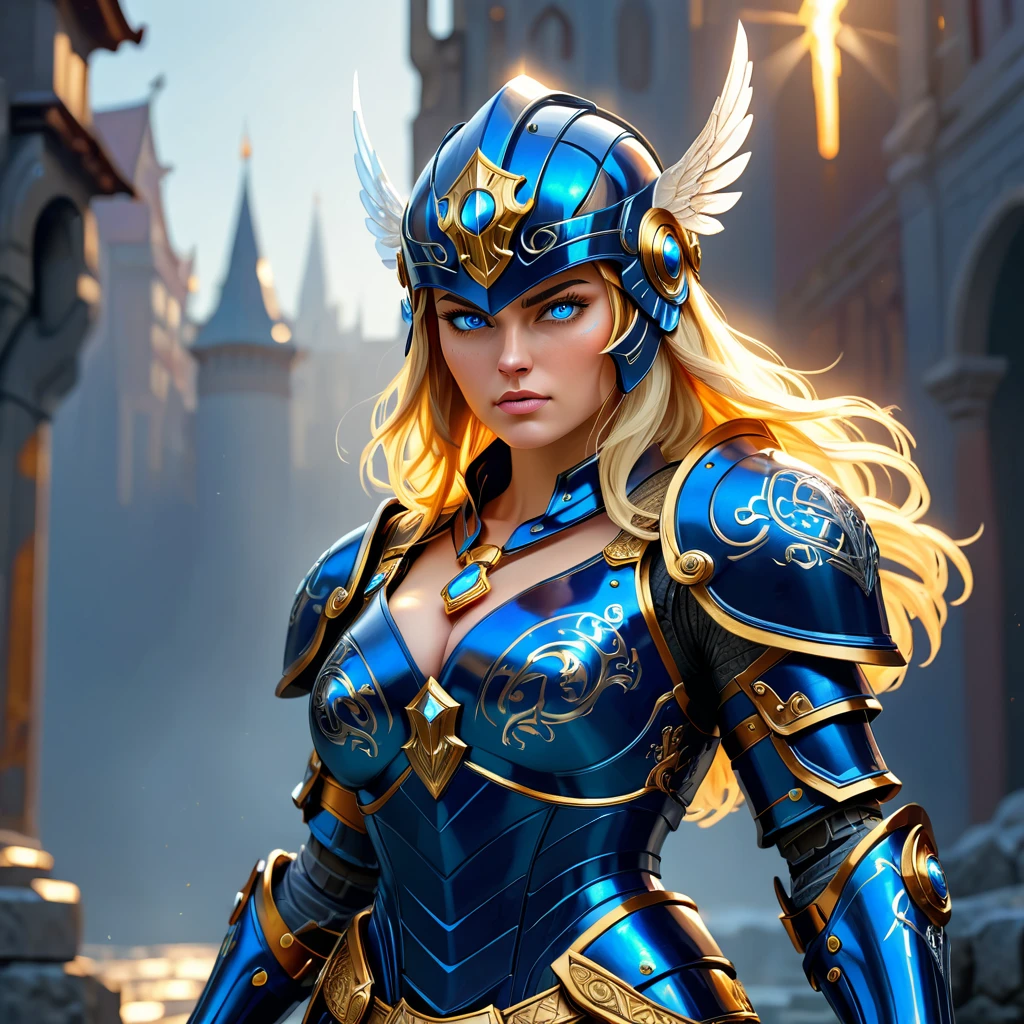 a full body shot of a woman punching, fist raised, arm extended. A blonde woman, (glowing blue eyes), pretty face, full face, medium length straight hair over one shoulder. she wears shiny dark blue armor with gold trim (deep v-neck and exposed cleavage:1.4) large breasts, Natural skin texture, detailed skin. warzone background. , hex pattern on armor, intricate runes carved on armor, reflective surface, and a (Norse helmet with wings on the side covers her head:1.3), intricate details, armored glove, (left glove is gold with gemstones and runes). a stern expression on her face. (highres:1.3) (4k,8k,best quality, masterpiece), full-body image, volumetric lighting, lens flare.