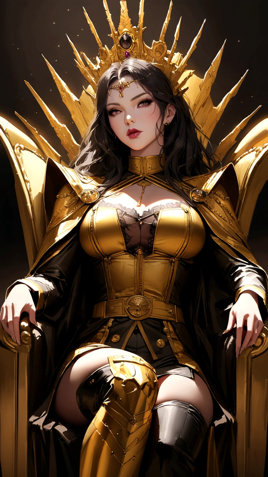 image woman sitting on a chair with a golden throne behind her, ((a beautiful empress)), beautiful and seductive realistic anime woman, black and gold military uniform