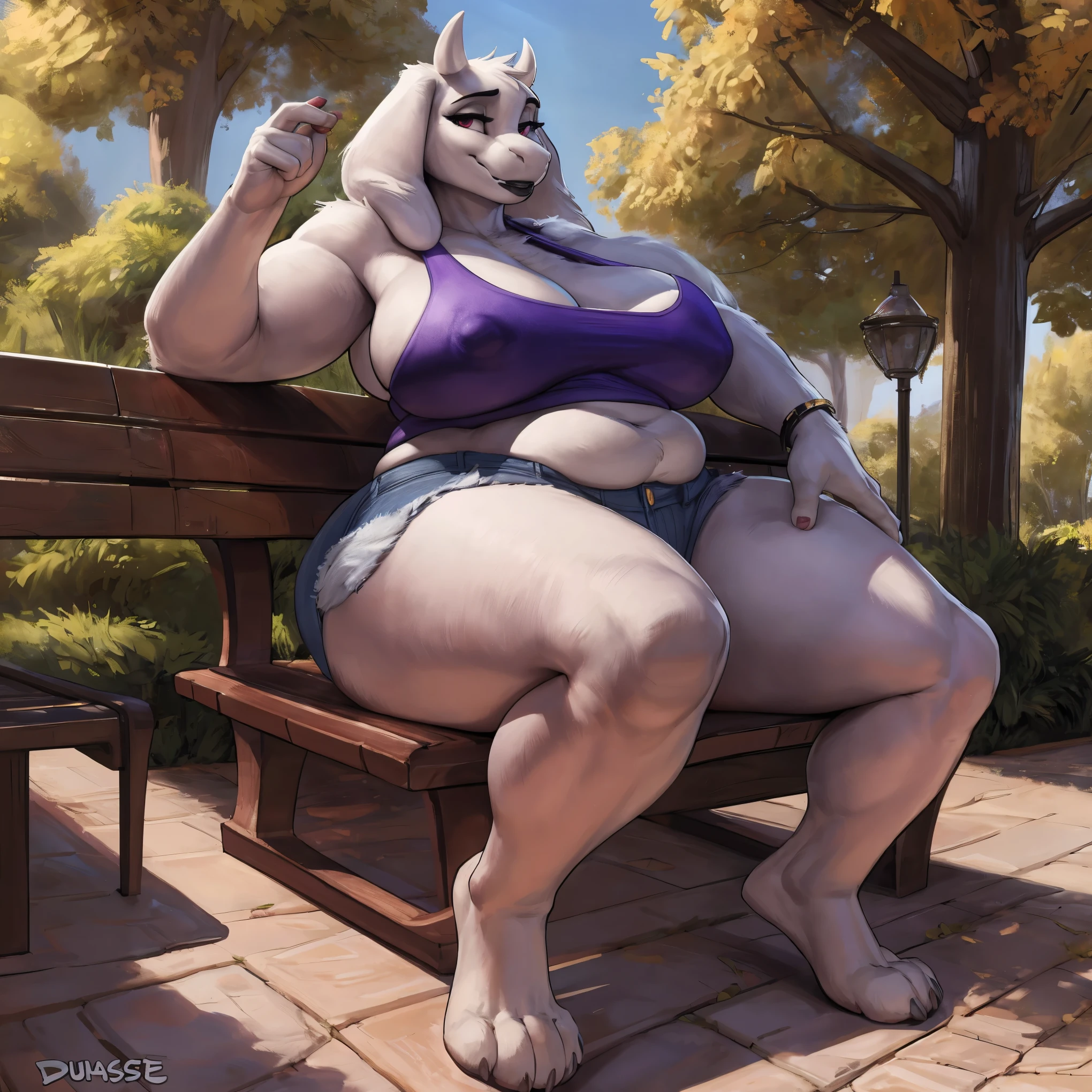 by darkgem, by duase, by kevinsano, solo, 1girl, toriel, maroon eyes, female, older woman, furry body, chubby, heavyset, broad shoulders, wide body, wide hips, thick thighs, big arms, heavy breasts, nipple outline, highly detailed eye, (black pupil:1.3), milf, tank top, bare midriff, cleavage, large areolae, denim cutoffs, bare midriff, visible thong straps, Masterpiece, best quality, absurd res, highly detailed, cleanly drawn eyes, park environment, park bench, cute smile, black lipstick, seated, casual posture, 