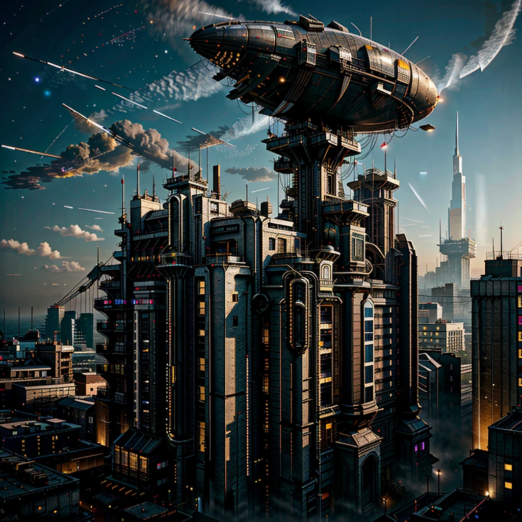 Batman, industrial city, surrounded by wall, Steampunk. there is an inn, Residential area, ((airships)) In the sky, City gate, rusty and heavy, smoke, chimney, factories, gears, machinery, high buildings, turrets, steam power, steam pipes, street lights, (Panning), (night time, Starry sky), (Chove forte), (intersection), (cinematic lighting:0.8, super detaill, blossom)