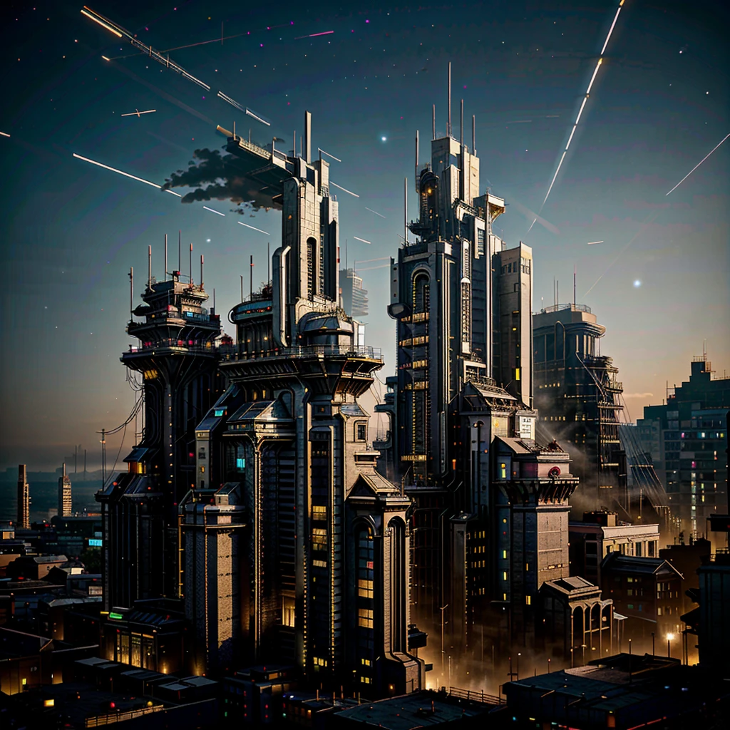 Batman, industrial city, surrounded by wall, Steampunk. there is an inn, Residential area, ((airships)) In the sky, City gate, rusty and heavy, smoke, chimney, factories, gears, machinery, high buildings, turrets, steam power, steam pipes, street lights, (Panning), (night time, Starry sky), (Chove forte), (intersection), (cinematic lighting:0.8, super detaill, blossom)