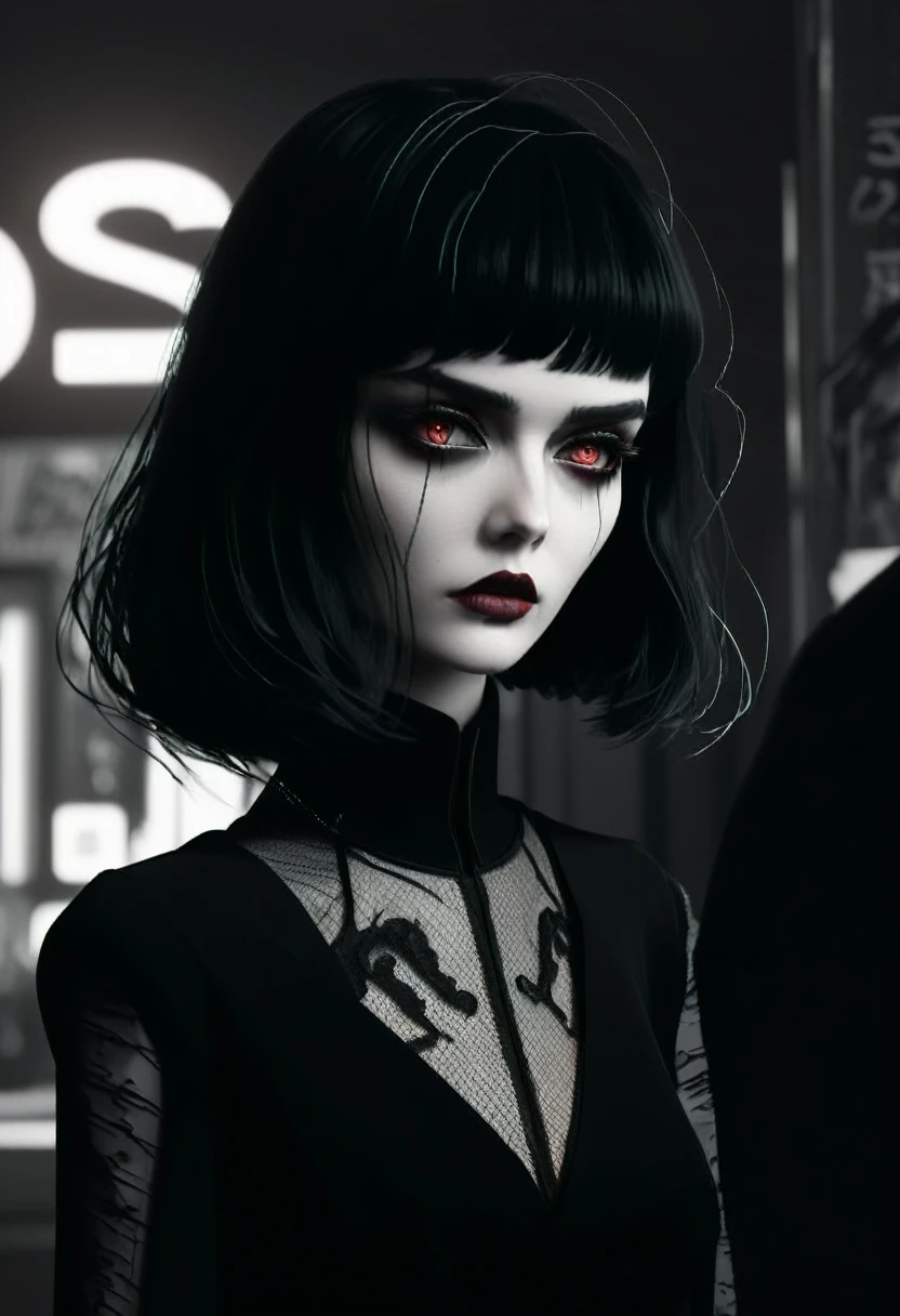 (best quality, sketch1.2), realistic, illustrator, anime, 1 girl, detailed lips, black dress8, custom, (background dark monochrome), neon hair, textured cropping, masterpiece, style retro classic, noir dark, art, sketch book, (bob hair black1.75 neon1.32), bad women, dark shadows