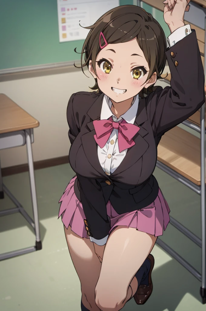 solo, 1girl, , hazuki katou,.,looking viewer ,grin,big breasts,classroom,blazer,miniskirt,socks,