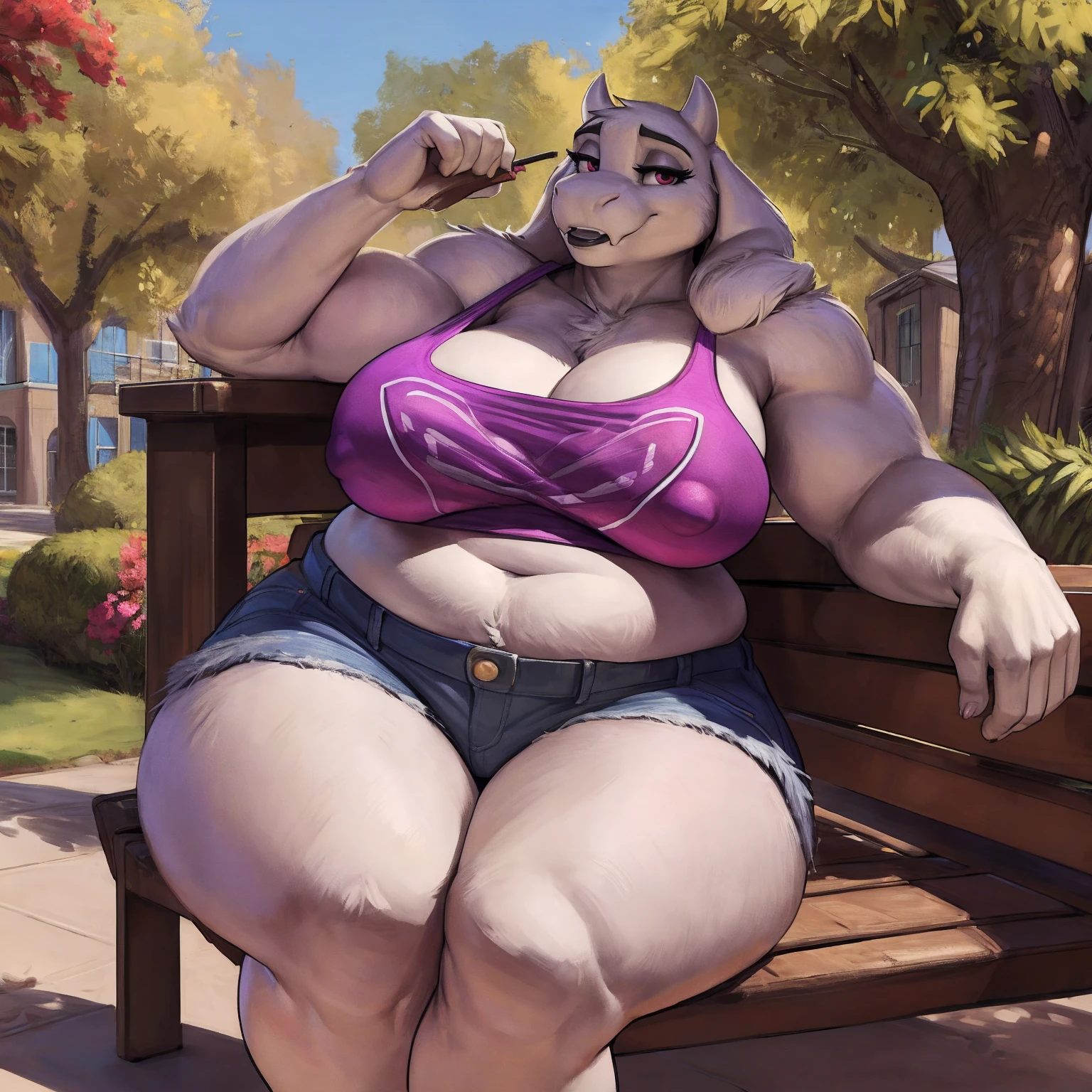 by darkgem, by duase, by kevinsano, solo, 1girl, toriel, maroon eyes, female, older woman, furry body, chubby, heavyset, broad shoulders, wide body, wide hips, thick thighs, big arms, heavy breasts, nipple outline, highly detailed eye, (black pupil:1.3), milf, tank top, bare midriff, cleavage, large areolae, denim cutoffs, bare midriff, visible thong straps, Masterpiece, best quality, absurd res, highly detailed, cleanly drawn eyes, park environment, park bench, cute smile, black lipstick, seated, casual posture,