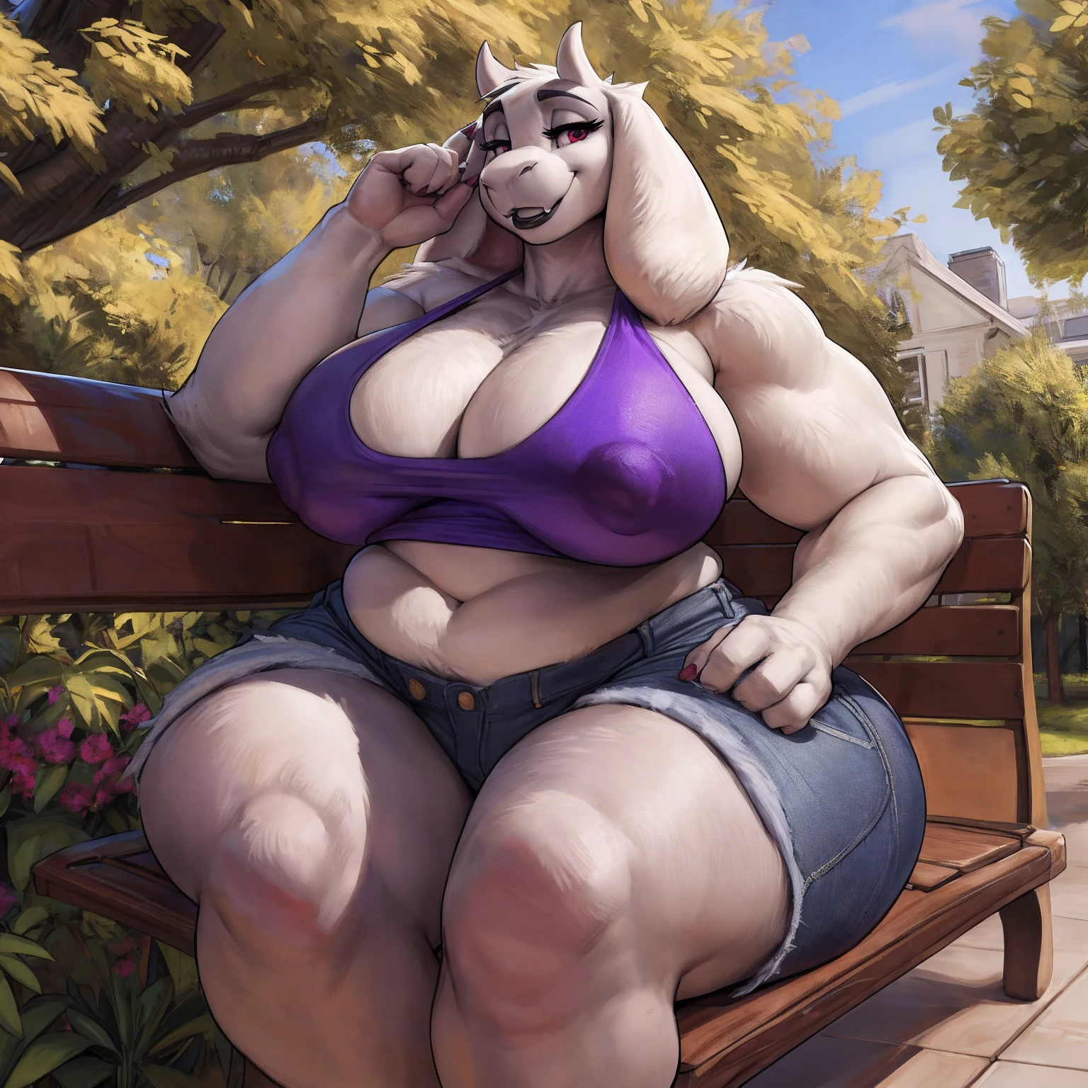 by darkgem, by duase, by kevinsano, solo, 1girl, toriel, maroon eyes, female, older woman, furry body, chubby, heavyset, broad shoulders, wide body, wide hips, thick thighs, big arms, heavy breasts, nipple outline, highly detailed eye, (black pupil:1.3), milf, tank top, bare midriff, cleavage, large areolae, denim cutoffs, bare midriff, visible thong straps, Masterpiece, best quality, absurd res, highly detailed, cleanly drawn eyes, park environment, park bench, cute smile, black lipstick, seated, casual posture,
