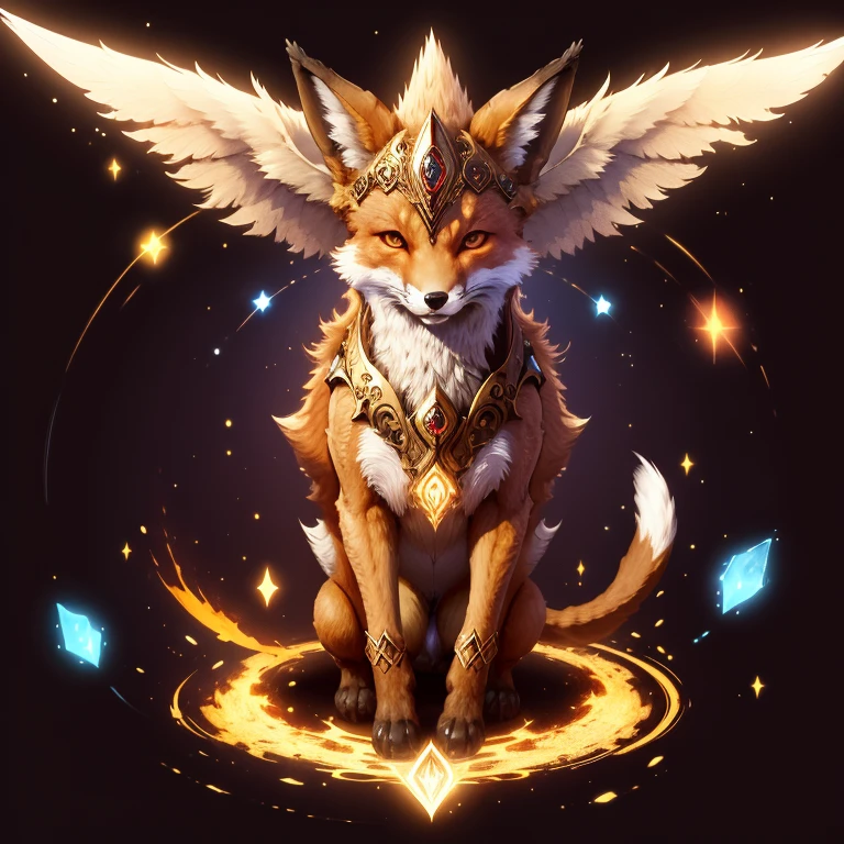 (1 fox) full body, a white eyed dark brown carbuncle, a winged four pointy ears with earth and stones, earth energy around, earth background