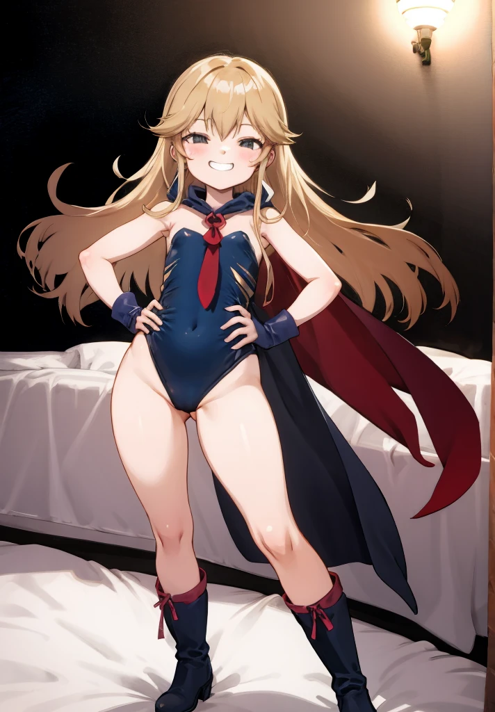 YNY_Doronjo, 1girl, solo, ,, ,leotard,on bed,night,boots,thigh,flat chest,grin,hands on hip