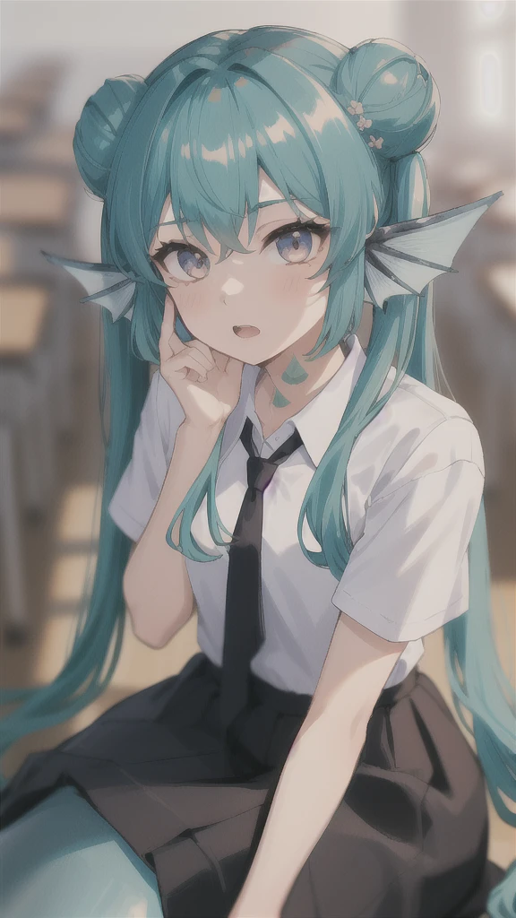 ((best quality)), ((highly detailed)), absurdres, (detailed eyes).1girl,20 years old,solo,long hair,light blue hair,finana,twintails,double bun,(white shirt,short sleeves,black standart tie,black skirt),upper body,close-up, classroom,mermaid, fins,sitting on floor,open mouth,talking