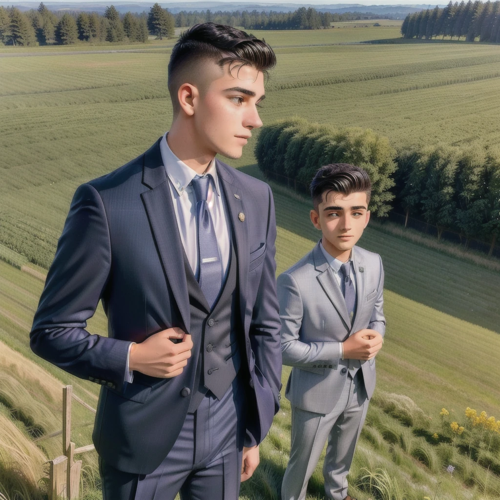 There's a man in a suit and tie standing in a field, about 20 years old, profile image, André Rios, José Miguel Roman France, mateo dineen, ele tem about 20 years old, he is about 20 years old, Punishment style, formal suit, about 19 years old, vitor maristane, professional foto