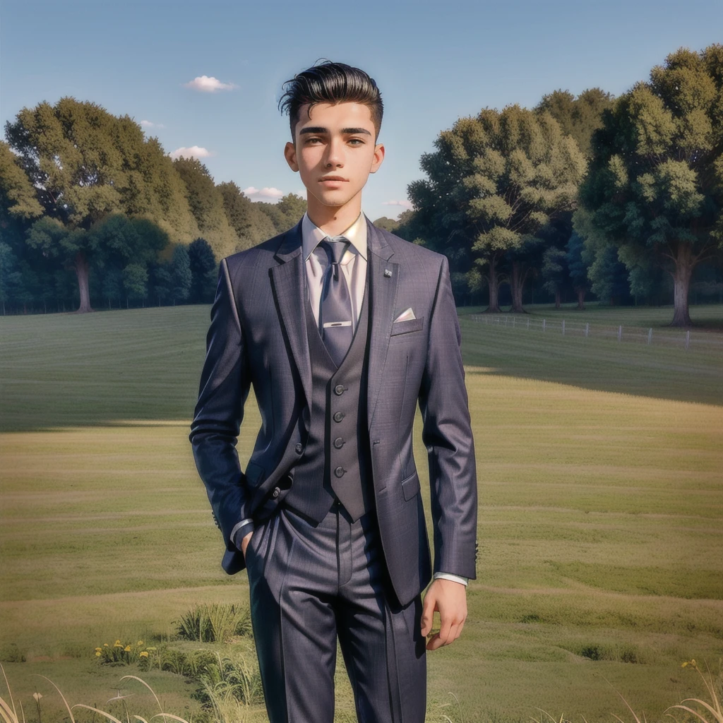 There's a man in a suit and tie standing in a field, about 20 years old, profile image, André Rios, José Miguel Roman France, mateo dineen, ele tem about 20 years old, he is about 20 years old, Punishment style, formal suit, about 19 years old, vitor maristane, professional foto