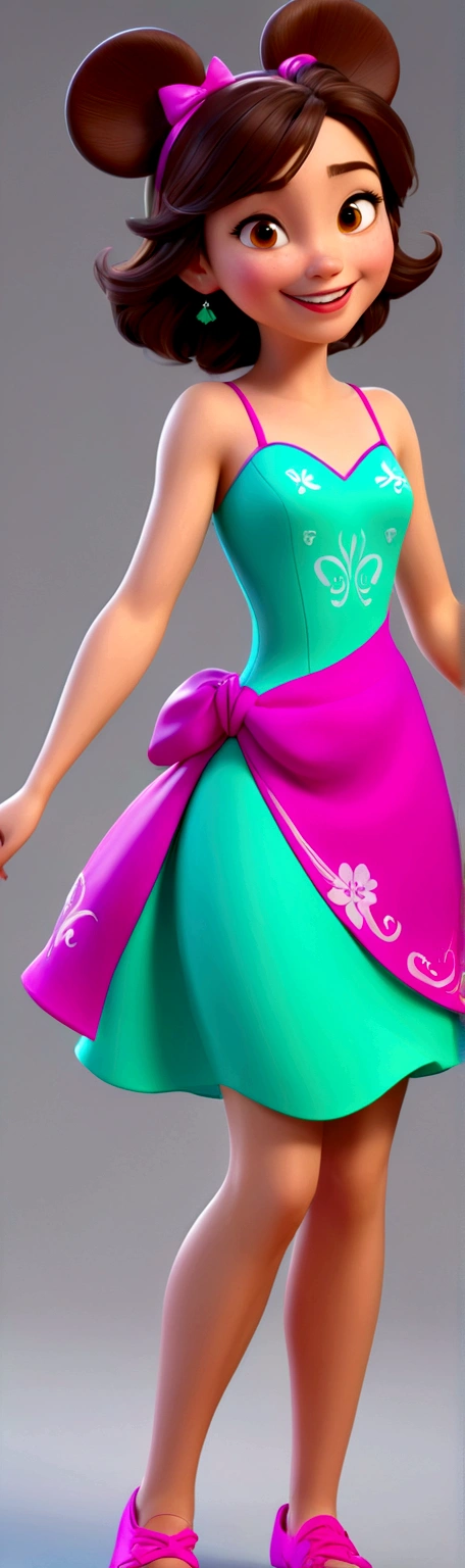 Generate a 3D model of a Disney character with brown hair and brown eyes, wearing neon dress, radiant and happy. The model must be detailed enough to support 16K resolution, capturing the character&#39;its joyful and vibrant essence.