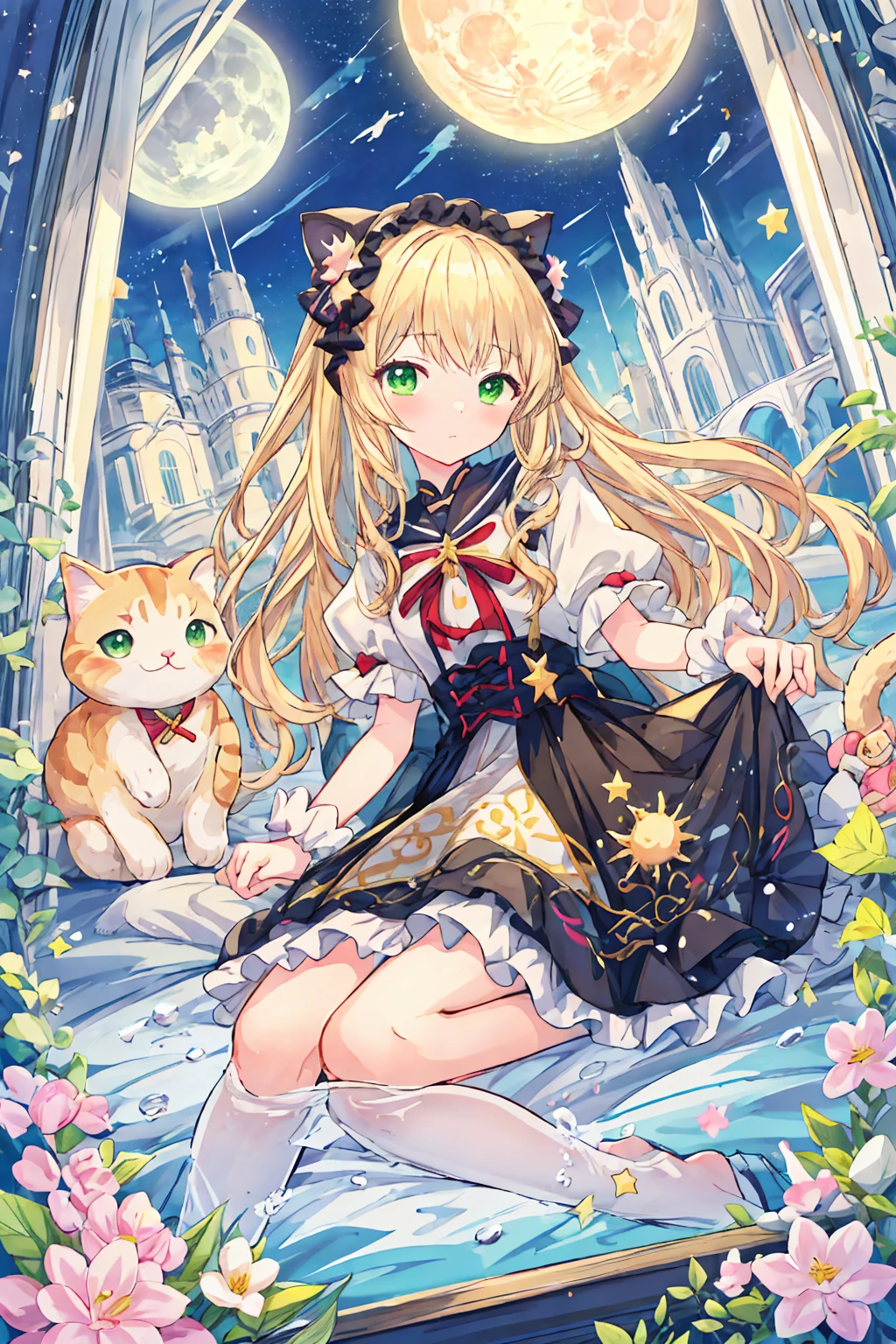 Simple Background，Anime Girls, Anime drawing by Shitao, Pixiv, Rococo, , Lolita Dress,skirt ,  sweets, Stuffed cat，starのmotif，The room，Relaxing in bed，魅惑的なAnime Girls, Soft anime illustration, , Pixiv 3dcg, Splash art anime , at Pixiv, White Blonde Hair Color，Green Eyes，moon，三日moon，sun，star，motif，Cute clothes with decorations