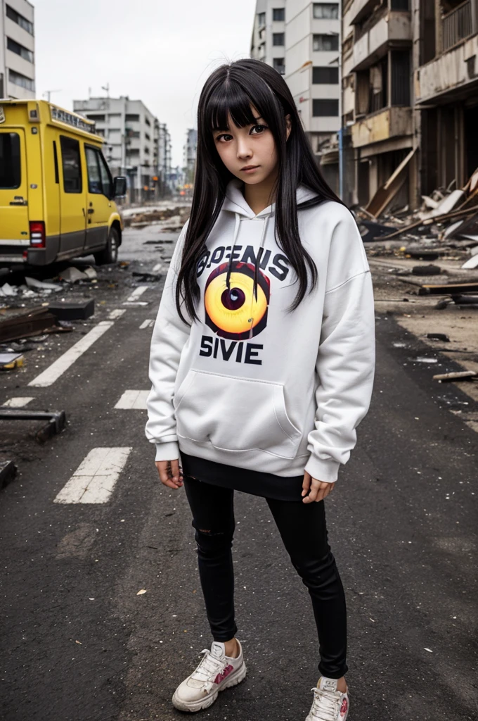 A beautiful, ((2d anime girl)), ((Japanese)) 18-year-old, ((2d anime girl)), ((dark-haired)), ((windswept hair)) ((ultra high quality)) ((4k UHD)) ((Best Quality)) ((Daytime)) ((yellow glowing eyes)), wearing a white hoodie sweatshirt with the slogan "Lady Kaiju" in black letters and blood splattered on it and her face, standing in the street of a ruined city filled with dilapidated tall buildings and crushed vehicles and small fires all around and an ((angry)) ((Intimidating)) expression, standing on a giant monstrous footprint in the ground.