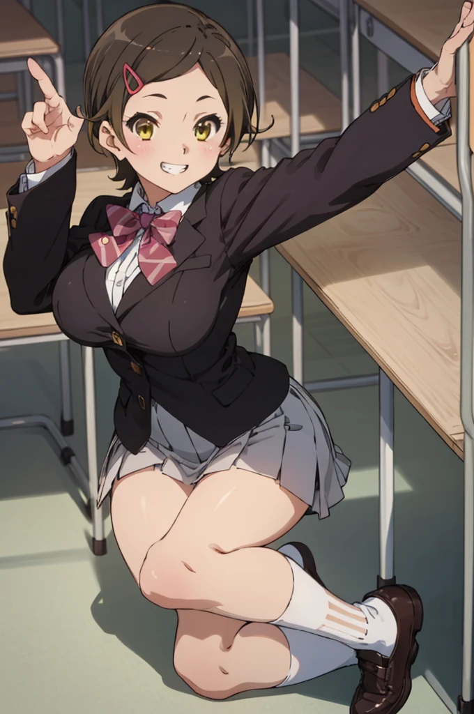 solo, 1girl, , hazuki katou,.,looking viewer ,grin,big breasts,classroom,blazer,miniskirt,socks,