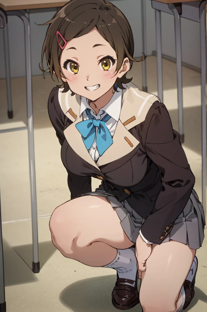 solo, 1girl, , hazuki katou,.,looking viewer ,grin,big breasts,classroom,blazer,miniskirt,socks,