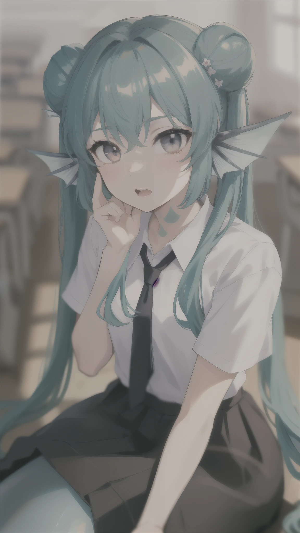 ((best quality)), ((highly detailed)), absurdres, (detailed eyes).1girl,20 years old,solo,long hair,light blue hair,finana,twintails,double bun,(white shirt,short sleeves,black standart tie,black skirt),upper body,close-up, classroom,mermaid, fins,sitting on floor,open mouth,talking