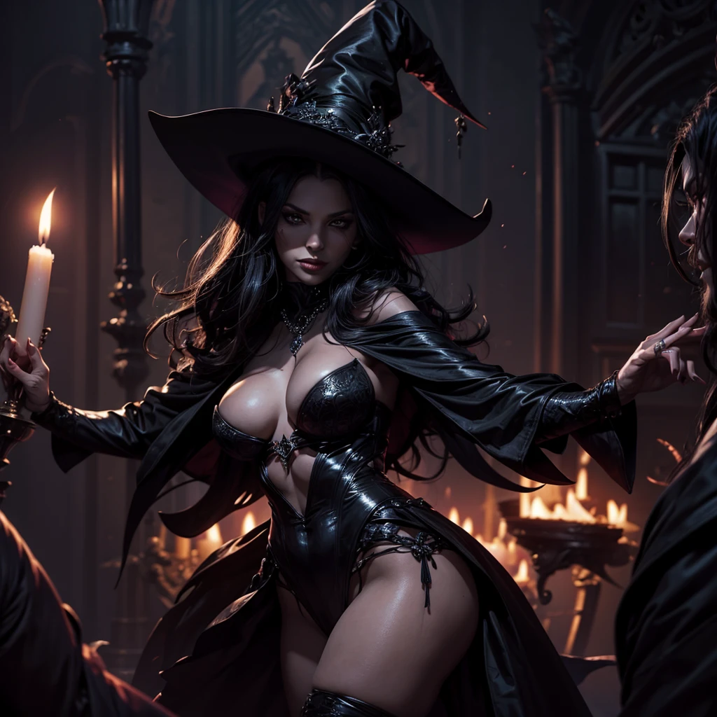 A dark sexy witch woman does a sensual dance with lucifer, in the background demonic beings attend the dance