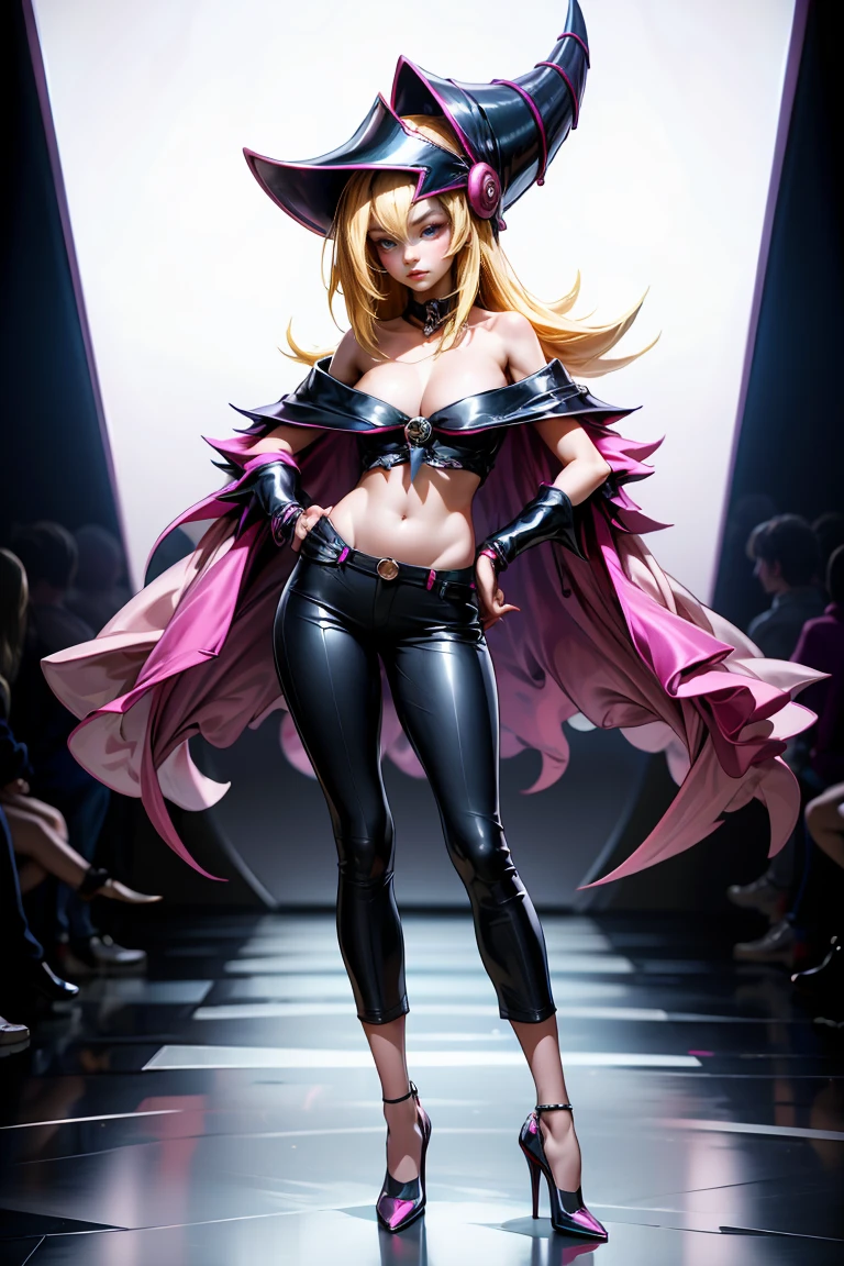 dark magician gils, with high-heels. pants, sexy, Subjective and sensual pose. Fashion catwalk background