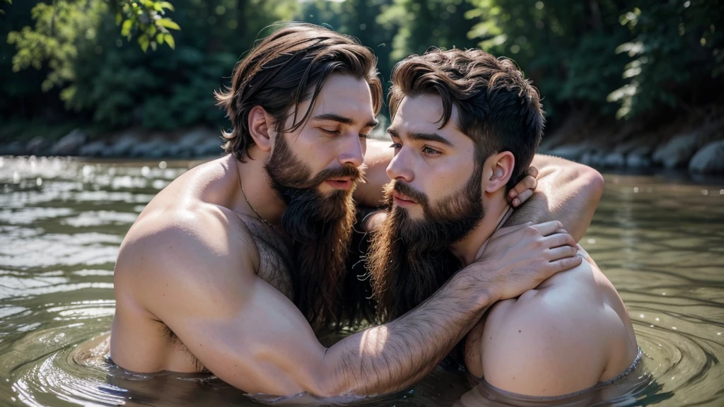 two bearded, hairy men hugging each other in the river