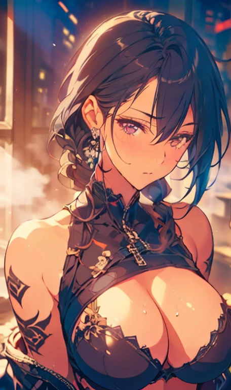 highest quallity, clean and well-groomed face, clearing, bright glowing eyes, long eyelashes, Punk Girl, aretes, breasts big, body tattoo, leather shorts,