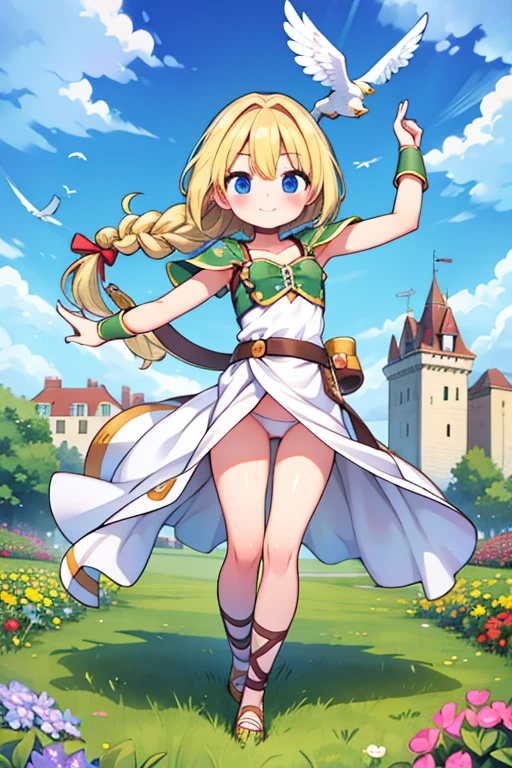 alone, one girl, Valkyrie, blonde, single braid, cute, happy, nice smile, young, bright sunlight, Full body image, Are standing, dance, (masterpiece:1.2), best quality, masterpiece, top quality, looking at viewer, castle, castle gate, flowers, shining eyes, blonde hair, long hair, blush, white bird, feathers, sky, shining eyes, panties, white panties