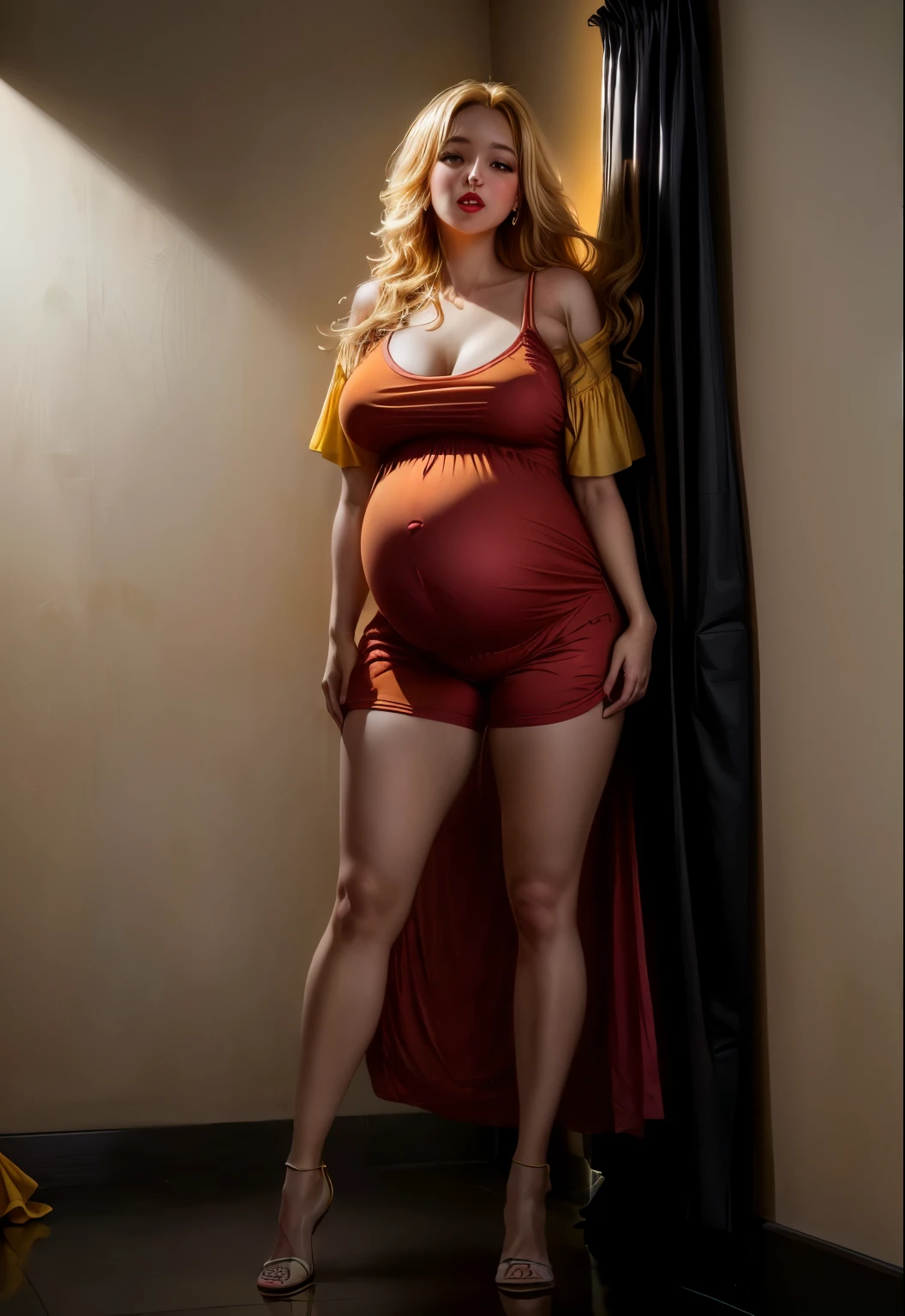 Красивая pregnant woman in yellow dress standing against wall in bedroom, full red lips, pregnant belly, дама in a yellow dress, pregnant, in a yellow dress, pregnancy, posing in the bedroom, with yellow rags, general plan of the whole body, yellow clothes, her belly is thick and round, The feeling of motherhood, in a T-shirt and shorts, Side view of her steps, Beautiful yellow woman