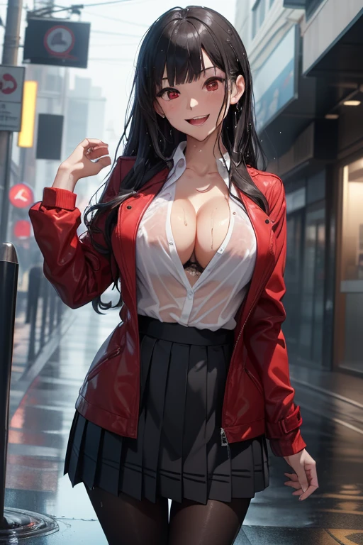 (masterpiece, best quality, ultra-detailed, 8k, wallpaper, photorealistic), (close-up shot), beautiful girl, voluptuous body, perfect hands, (hmjy1), (exposed cleavage), (wet long sleek hair), (blunt bangs), red eyes, (Yumeko Jabami), (wet , wet red jacket, wet black pantyhose, wet see-through white shirt, black ribbon), (a wet black and grey checkered mini skirt, pleated skirt), (one hand at the back of her head, one hand on her waist), (heavy rain), wet long sleeves, psycho smile, excited smile, open mouth, erotic face, red face, wet skin, wet pavement