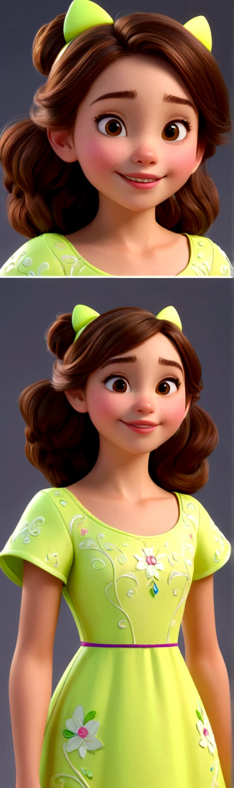 Generate a 3D 10 year old model of a Disney character with brown hair and brown eyes, wearing neon dress, radiant and happy. The model must be detailed enough to support 16K resolution, capturing the character'its joyful and vibrant essence.