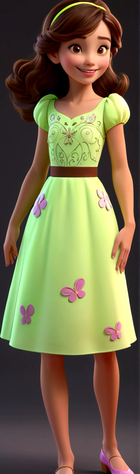 Generate a 3D 10 year old model of a Disney character with brown hair and brown eyes, wearing neon dress, radiant and happy. The model must be detailed enough to support 16K resolution, capturing the character&#39;its joyful and vibrant essence.