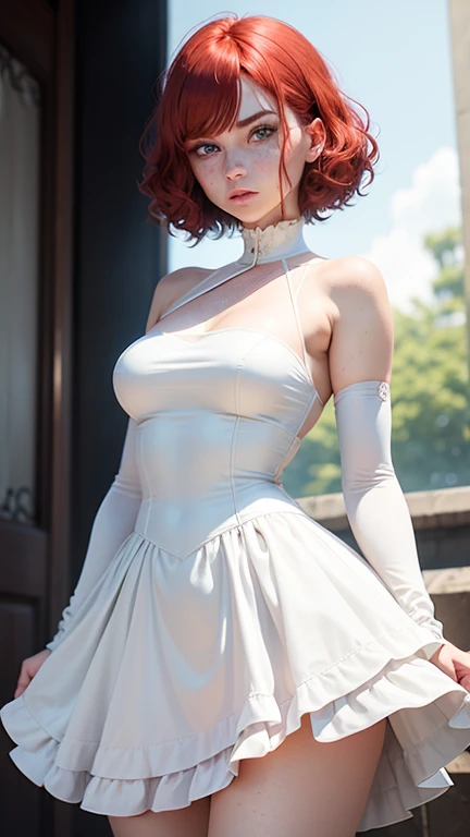 A 30-year-old woman, red hair, blue eyes, freckles on face, wavy shag haircut, wearing a white puffy skirt dress, white long gloves, small shoulders,, small waist, thick legs, wide hips, detailed face, slim body, detailed clothes, looking disgusted at the viewer, posing in a puzzled manner